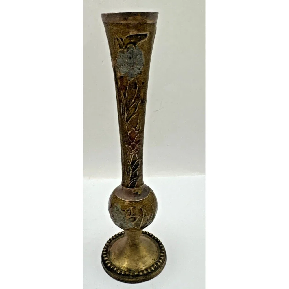 Vintage Brass Bud Vase Floral Etched Scalloped Edge Dallah coffee pot